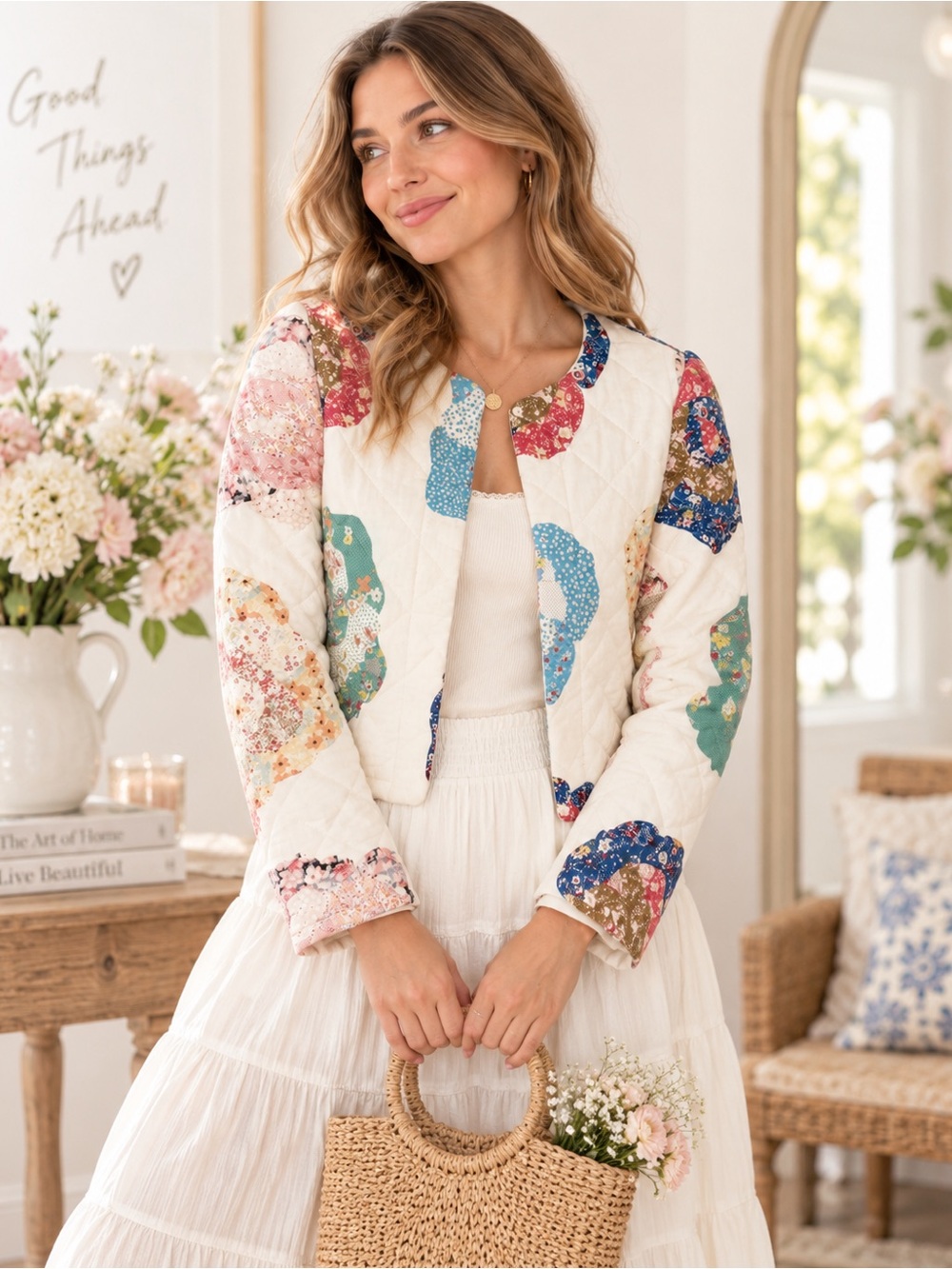 House of Harlow 1960 Floral Patchwork Quilted Bomber Jacket Cottagecore Small